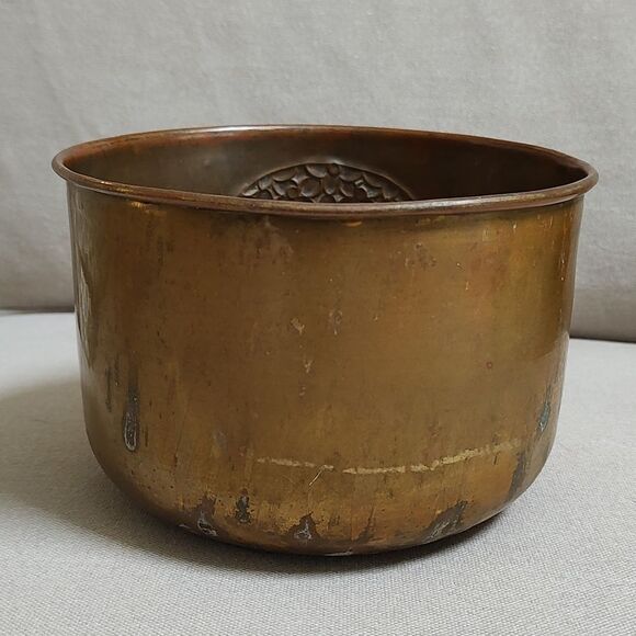 Hand Carved and Hand Painted Round Brass Cache Pot - Picture 3 of 8